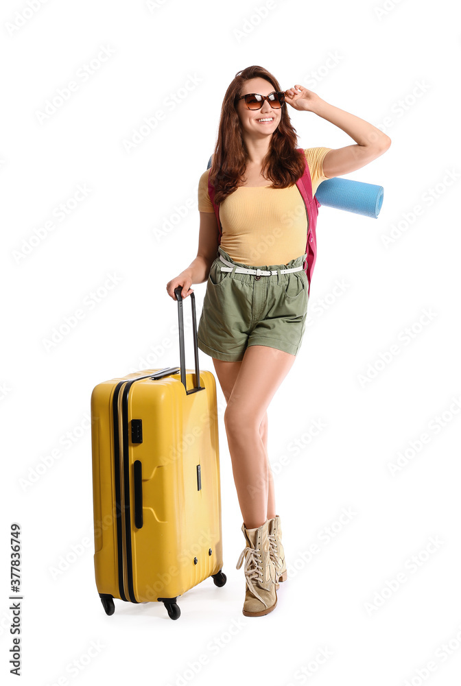 Female tourist with luggage on white background Female tourist with luggage on white background