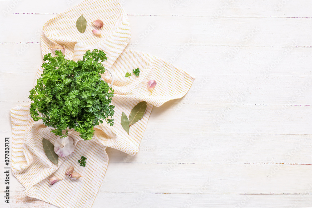 Fresh parsley and spices on light background Fresh parsley and spices on light background