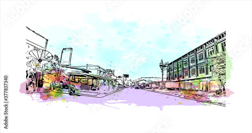 Building view with landmark of Banda Aceh is the capital and largest city in the province of Aceh, Indonesia. Watercolor splash with hand drawn sketch illustration in vector.