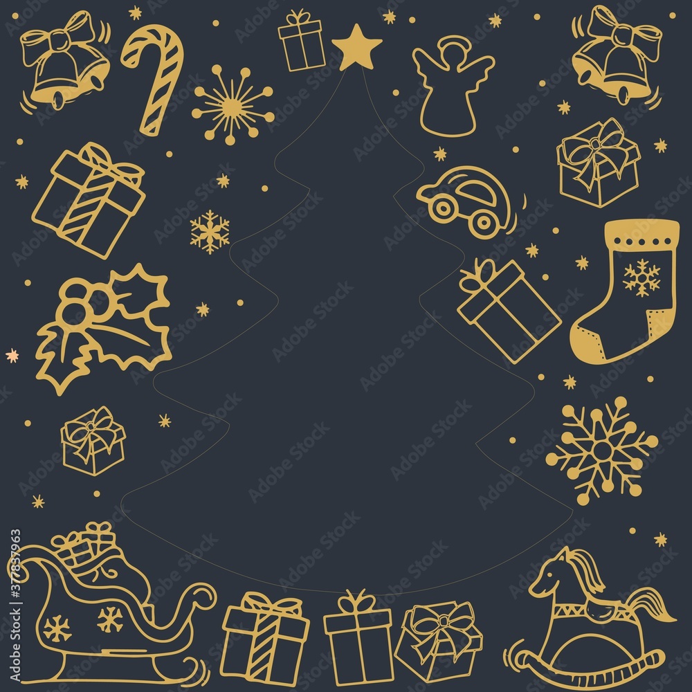Merry Christmas postcard, New Years card, Holiday, Christmas tree decorations are perfect for prints, flyers, banners, invitations, promotions and more.