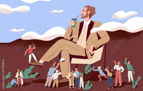 Concept of arrogance or bossy manager who doesnt listen to subordinates opinion. People shout out for haughty boss who sit in chair. Flat vector cartoon illustration of selfish management photo