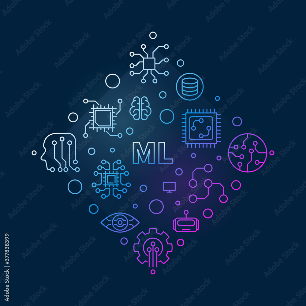 ML - Machine Learning concept vector colored line circular illustration on dark background