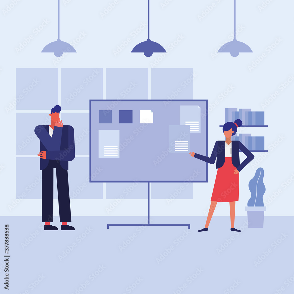 Obraz premium woman and man with board in the office vector design