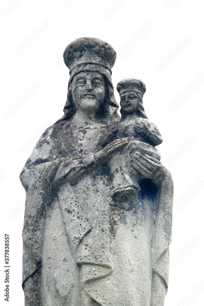 Queen of Heaven. Very ancient stone statue of the Virgin Mary with Jesus Christ isolated on white background. Vertical image. Queen of Heaven. Very ancient stone statue of the Virgin Mary with Jesus Christ isolated on white background. Vertical image.