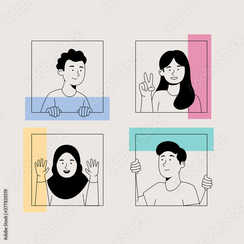 Group of Kids Peeking Each Other in Square Flat Illustration Cartoon
