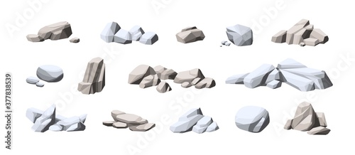 Collection of big and small heavy stones. Set of natural solid rocks. Composition of cobblestone piles. Cartoon vector illustration of gray boulders isolated on white background