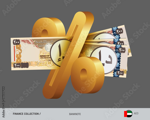 Money transferred to a credit institution in order to receive income in the form of interest. 200 United Arab Emirates Dirham. Flat style vector illustration.