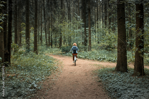 A woman rides into the distance along a forest road on a bicycle