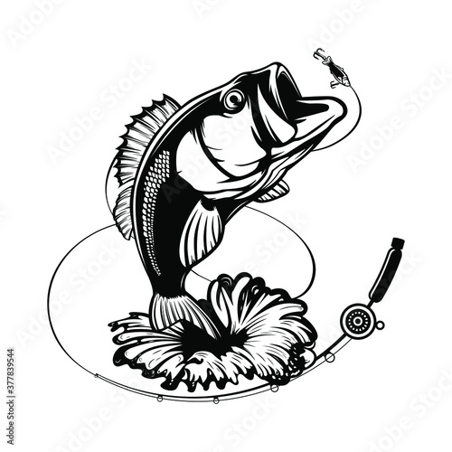 Fishing bass logo. Bass fish with rod club emblem. Fishing theme illustration. Fish Isolated on white.