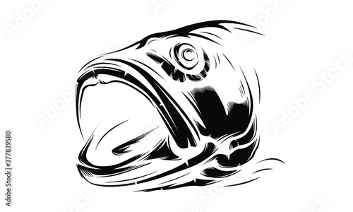 Fishing bass logo. Bass fish with rod club emblem. Fishing theme illustration. Fish Isolated on white.