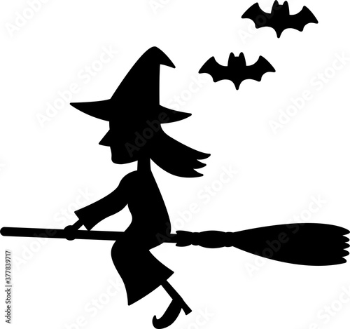 ほうきで空を飛ぶ魔女とコウモリのシルエット