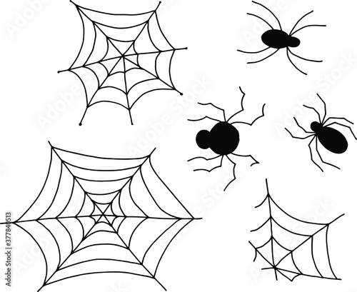 Halloween set of cobwebs and spiders. Black silhouettes of drawings. White background, isolator. Stock illustration.