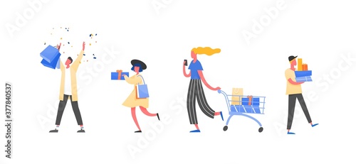 Set of different people enjoying big sale vector flat illustration. Collection of shopaholic man and woman celebrating black friday or seasonal discount holding shopping bags and gift boxes isolated