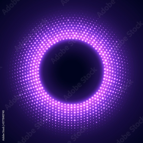 Purple round frame in disco style. Bright illuminated circular border isolated on a dark background. Abstract retro background with halftone gradient. Vector light effect.