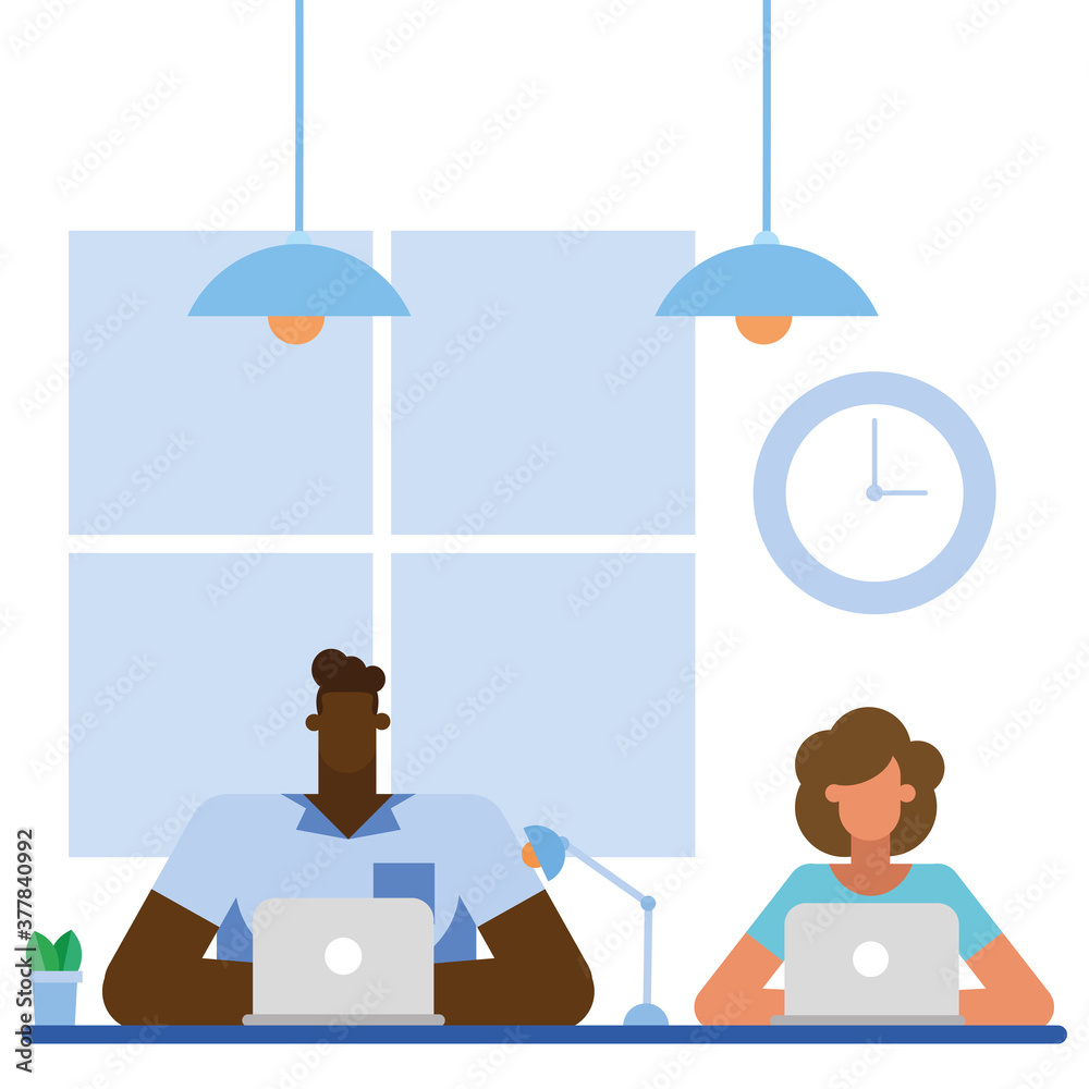 man and woman with laptop at desk in the office vector design