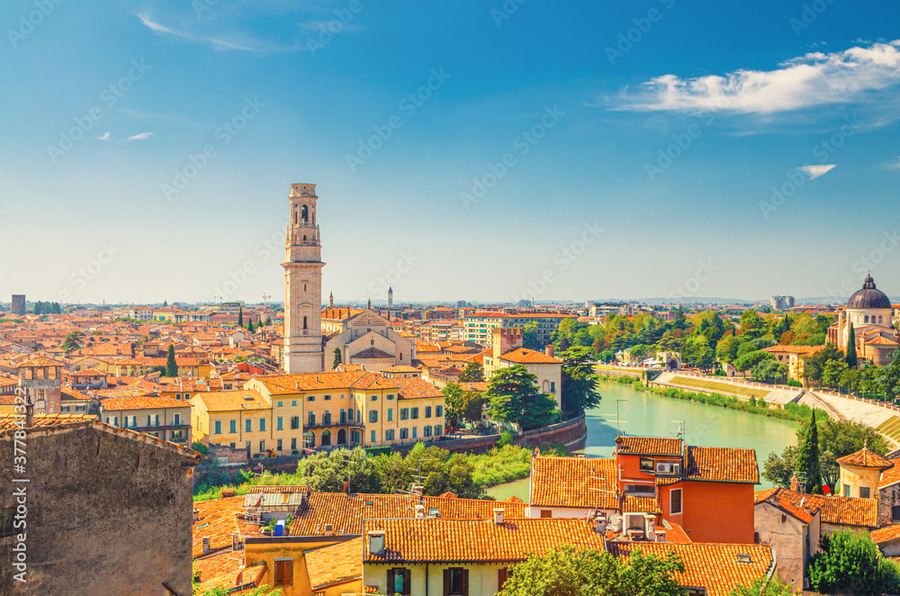 Aerial view of Verona historical city centre, Adige river, Verona Cathedral catholic church, Duomo di Verona, buildings with red tiled roofs, Veneto Region, Italy. Verona cityscape, panoramic view.