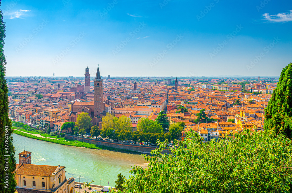 Aerial view of Verona historical city centre, Adige river, church