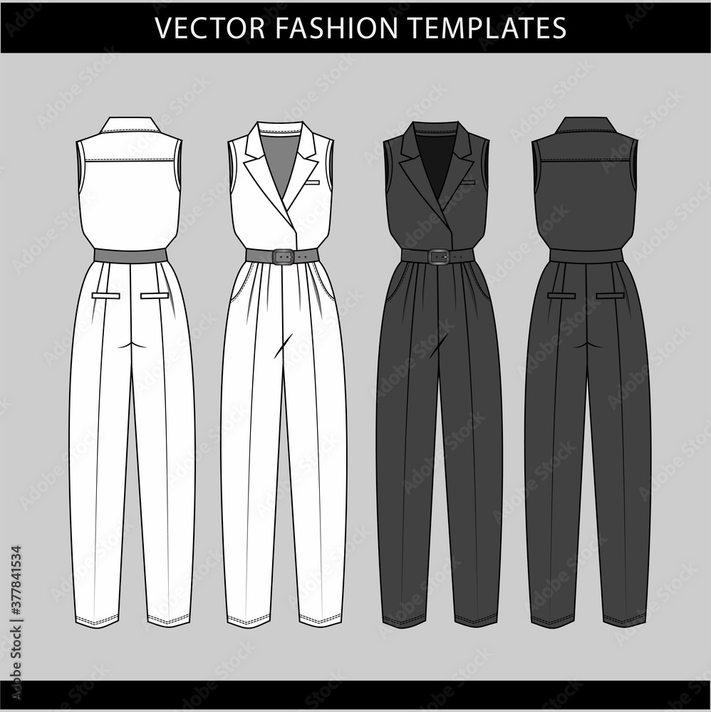 jumpsuit fashion flat sketch template,Front and back view of a jumpsuit