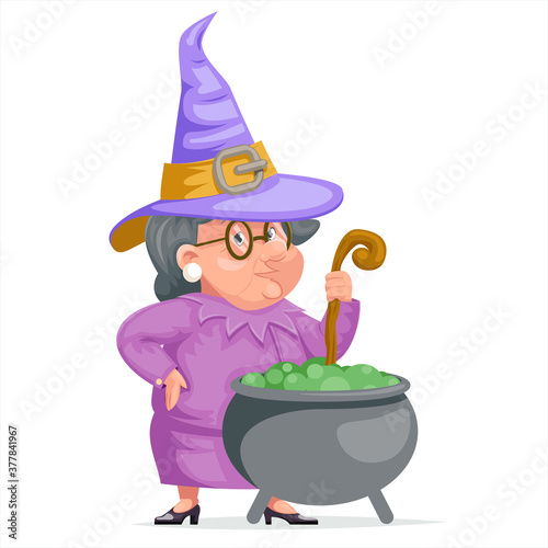 Witch with cauldron granny cartoon character adult design vector illustration