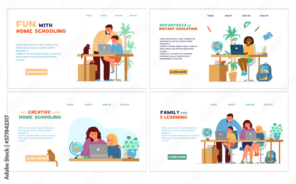 Homeschooling or online education website template set. Kid seats at table with laptops with parent or tutor and learning at home. Vector design. Homeschooling or online education website template set. Kid seats at table with laptops with parent or tutor and learning at home. Vector design.