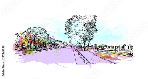 Building view with landmark of Banda Aceh is the capital and largest city in the province of Aceh, Indonesia. Watercolor splash with hand drawn sketch illustration in vector.