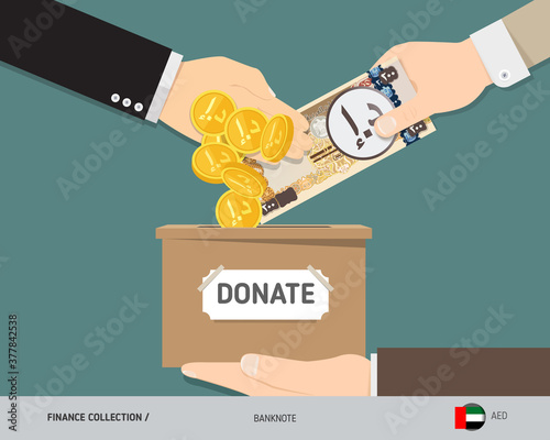 Hands putting 200 United Arab Emirates Dirham banknote and gold coins in donation box. Donate money and charity concept. Flat style vector illustration.