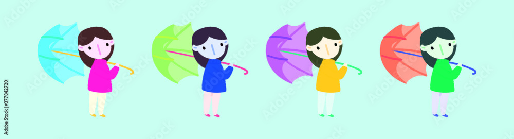 set of girl with umbrella cartoon icon design template with various models. vector illustration set of girl with umbrella cartoon icon design template with various models. vector illustration
