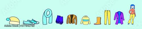 set of female winter clothes cartoon icon design template with various models. vector illustration