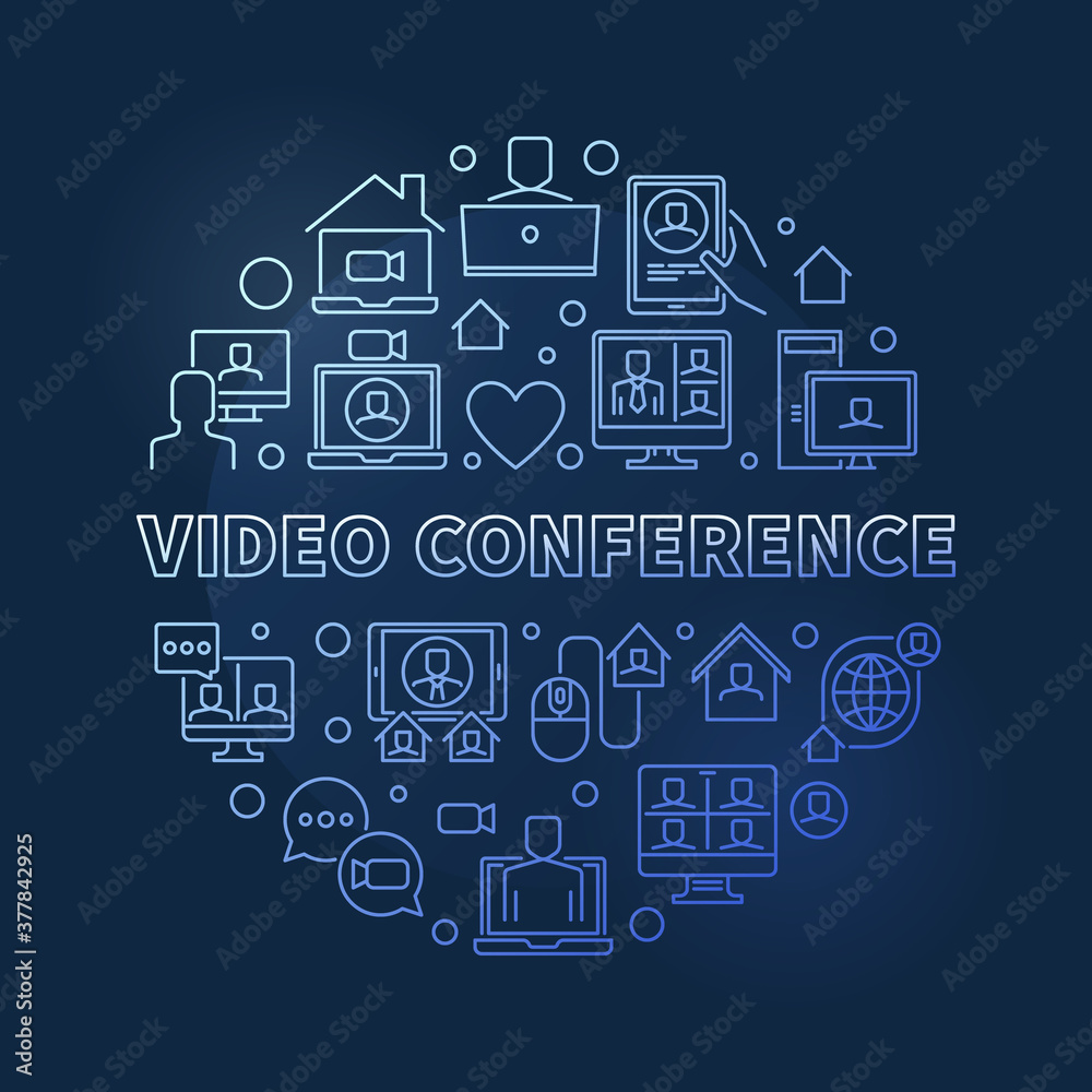 Vector Video Conference concept round blue outline illustration on dark background