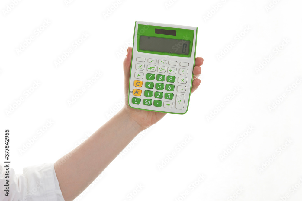hand holding calculator on white background hand holding calculator on white background