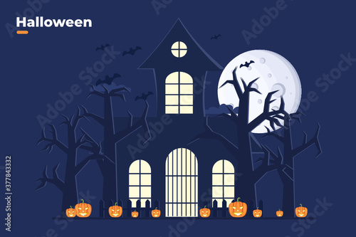 Scary Halloween houses at nighttime background with a full moon and Halloween decoration. Halloween's celebration concept. Pumpkin Jack-o'-lantern. Can be used for invitation, greeting card, animation