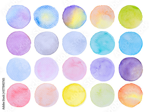 Collection label tag elements Set Watercolor brush paint strokes circle shape from a hand drawn on the white background