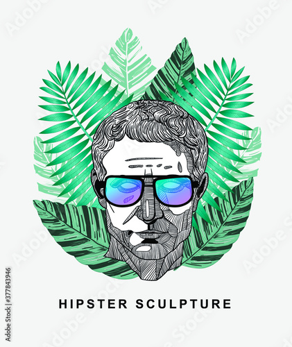  Julius Caesar. Hipster portrait with glasses and tropical leaves. Summer style. Vector illustration hand drawn.