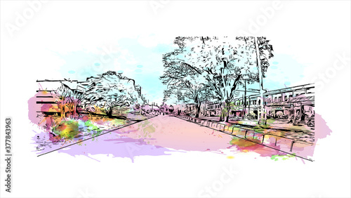 Building view with landmark of Banda Aceh is the capital and largest city in the province of Aceh, Indonesia. Watercolor splash with hand drawn sketch illustration in vector.