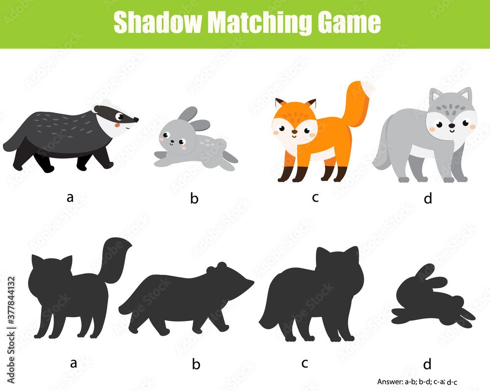 Shadow matching game. Kids activity with forest animals. fun page for toddlers