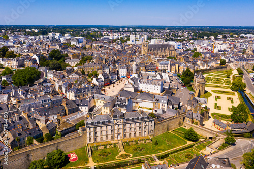 Drone view of Vannes overlooking fortified city walls and lawns with floral design, Brittany, France photo