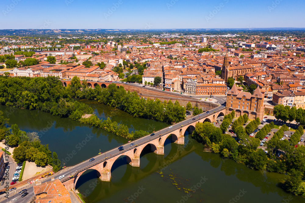 Picturesque aerial view of Montauban town with Tarn river, France