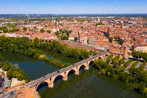 Picturesque aerial view of Montauban town with Tarn river, France