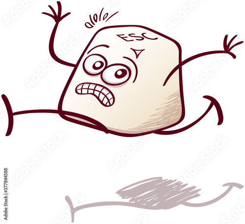 Computer ESC key in minimalist style, with bulging eyes and stick limbs feeling in trouble. It gnashes its teeth, sweats and looks back as if something was chasing it. It runs away as fast as possible