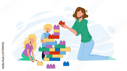 Woman Babysitting And Playing With Children Vector