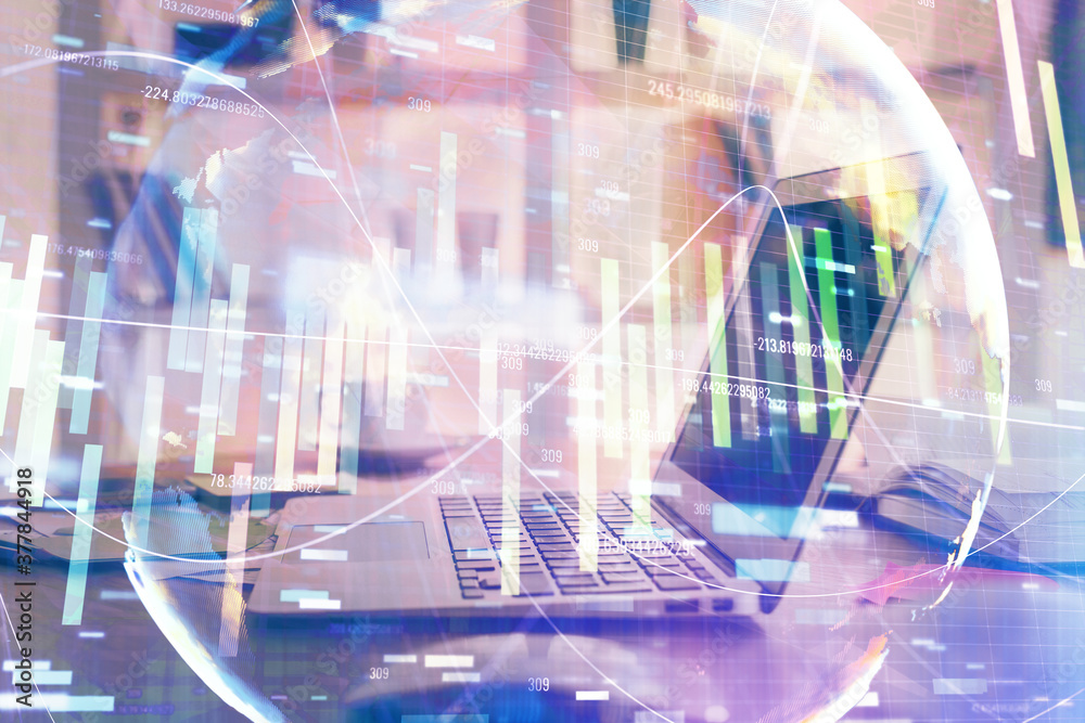 Multi exposure of business theme icons and table with computer background. Concept of success. Multi exposure of business theme icons and table with computer background. Concept of success.