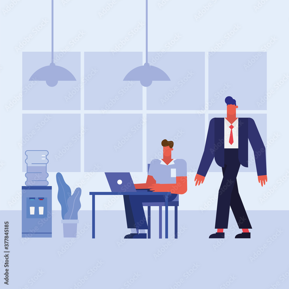men at desk with laptop in the office vector design