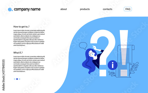 Landing page design template with frequently asked questions concept. Question sign, confused girl wondering what to do cartoon flat character. Vector line art illustration.