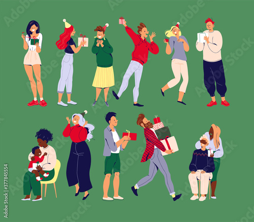 Young happy people giving presents to each other, celebrating on party isolated. Boys and girls, mother with baby cartoon characters with gift boxes. Vector flat illustration.