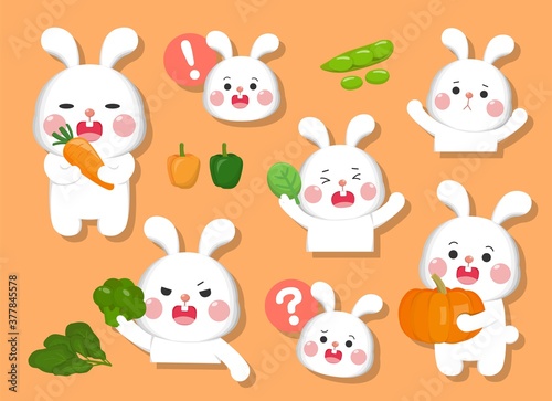 Cartoon comic illustration rabbit emoji with various vegetables set