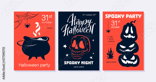 Collection of Halloween party flayer, poster ,card, design template. Vector flat cartoon style illustration. Cauldron, skull, pumpkin silhouette, text space on red background.