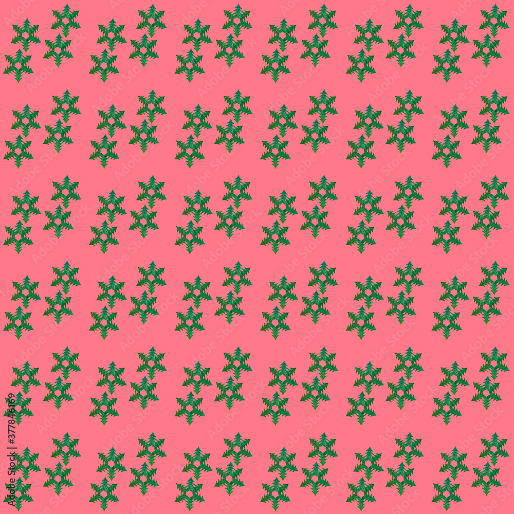 Christmas festive background. Creative seamless pattern of green snowflakes made of small Christmas trees cut out of holographic paper on pink background. Square photo. Christmas festive background. Creative seamless pattern of green snowflakes made of small Christmas trees cut out of holographic paper on pink background. Square photo.