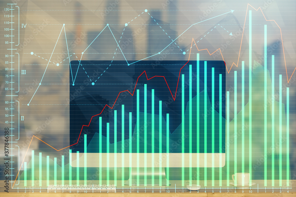 Multi exposure of forex chart and work space with computer. Concept of international online trading. Multi exposure of forex chart and work space with computer. Concept of international online trading.