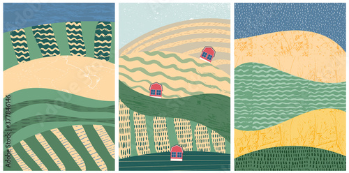 Set of abstract landscape vector background illustration. Countryside with colorful texture. Bundle of decorative eco cards. Nature, ecology, organic, environment banners, postcard, poster design