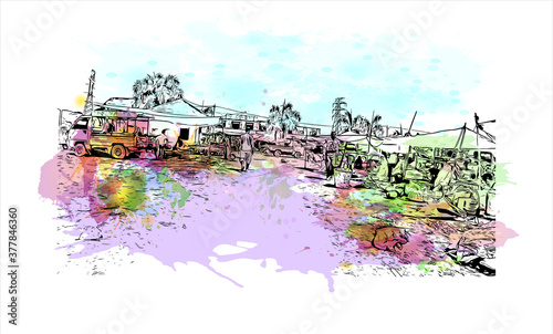 Building view with landmark of Banda Aceh is the capital and largest city in the province of Aceh, Indonesia. Watercolor splash with hand drawn sketch illustration in vector.